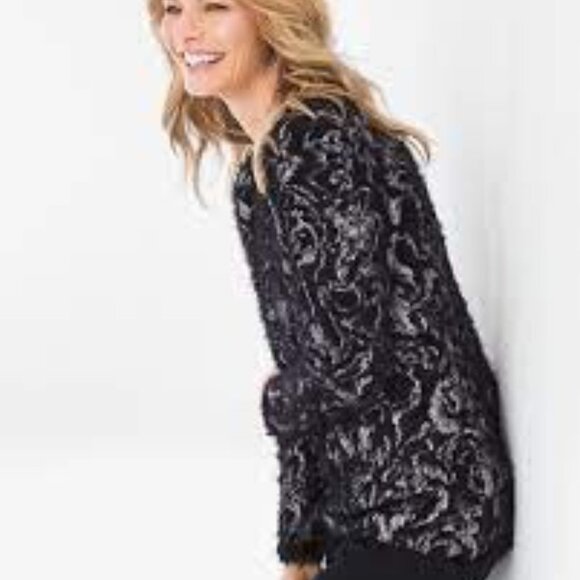 NEW Chicos Eyelash-Trim Jacquard Pullover Sweater Sz 1 (8) - Picture 2 of 16